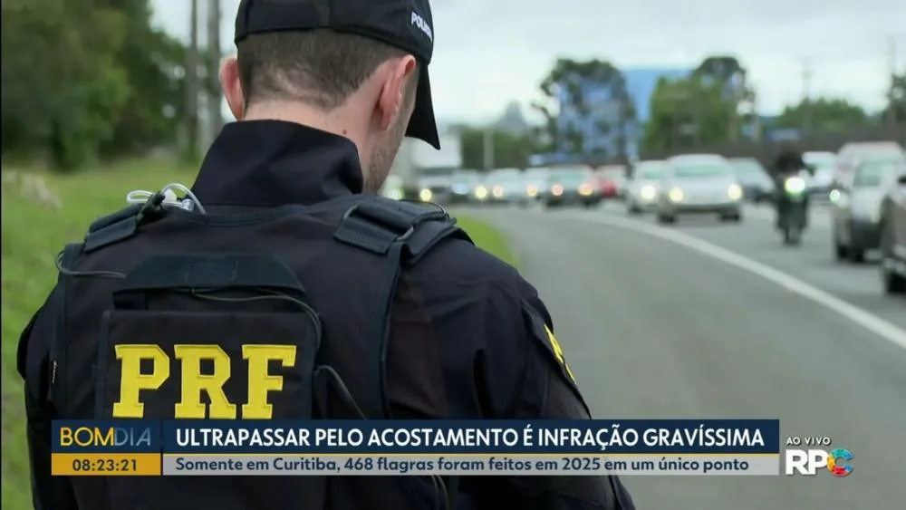 Drone da PRF flagrou 57 motoristas em apenas 1h18 trafegando pelo acostamento na BR-277, em Curitiba. Foto: RPC